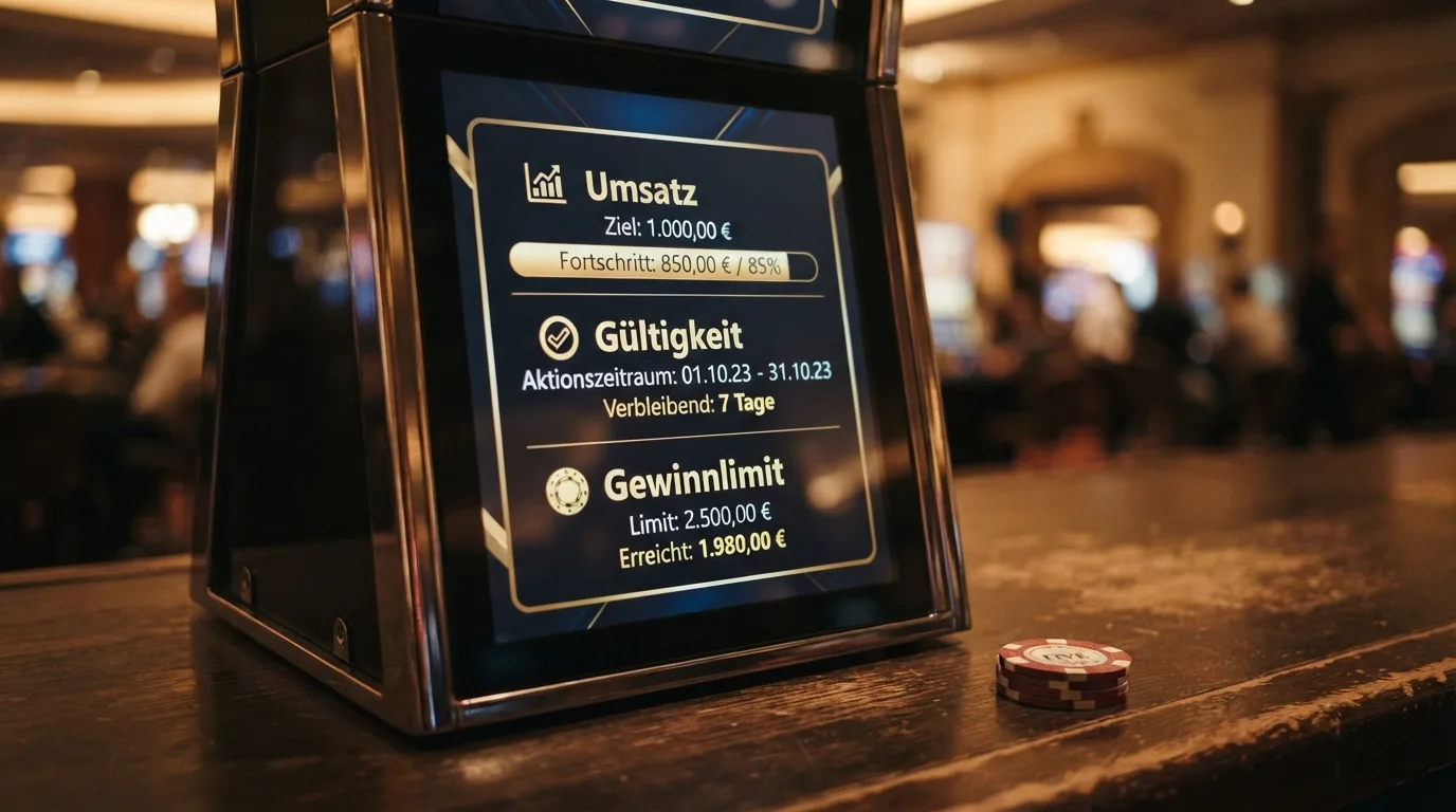 Zusammenfassende Grafik zu Umsatz, Gültigkeit und Gewinnlimit vor Spielautomaten-Hintergrund