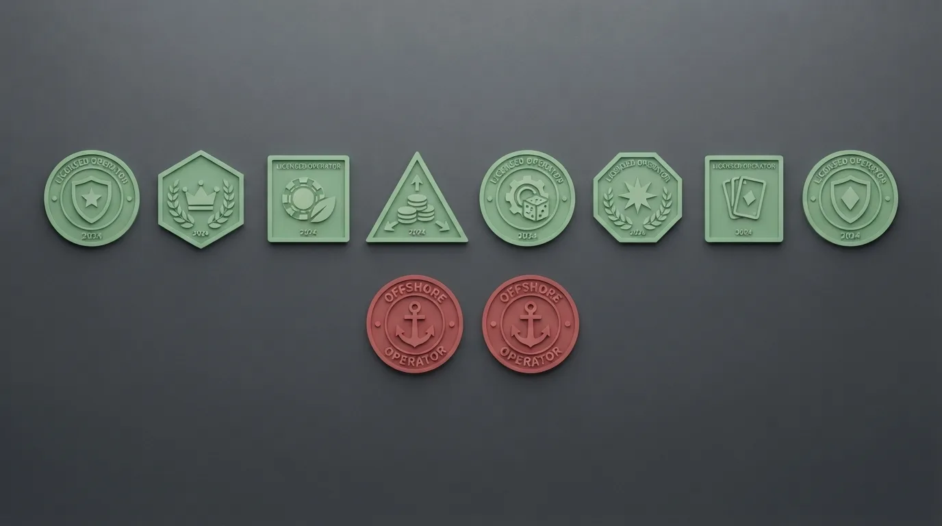 Zehn Casino-Logos in zwei Reihen: oben GGL-lizenziert (grün), unten Offshore (rot)