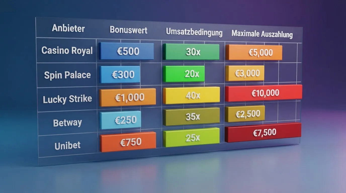 Vergleichstabelle mit Operator-Logos, Bonus-Werten und Lizenz-Status