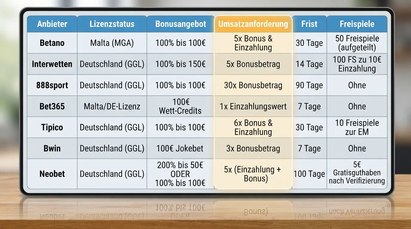 Übersichtliche Vergleichstabelle mit zehn Anbieter-Logos und Bonus-Kennzahlen