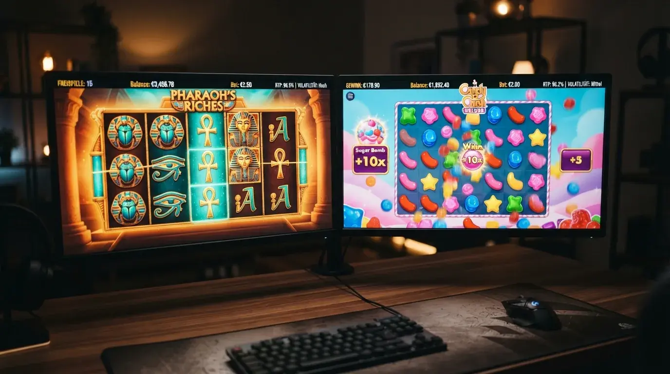 Book of Dead und Sweet Bonanza Spielbildschirme nebeneinander mit eingeblendeten RTP- und Volatilitäts-Werten