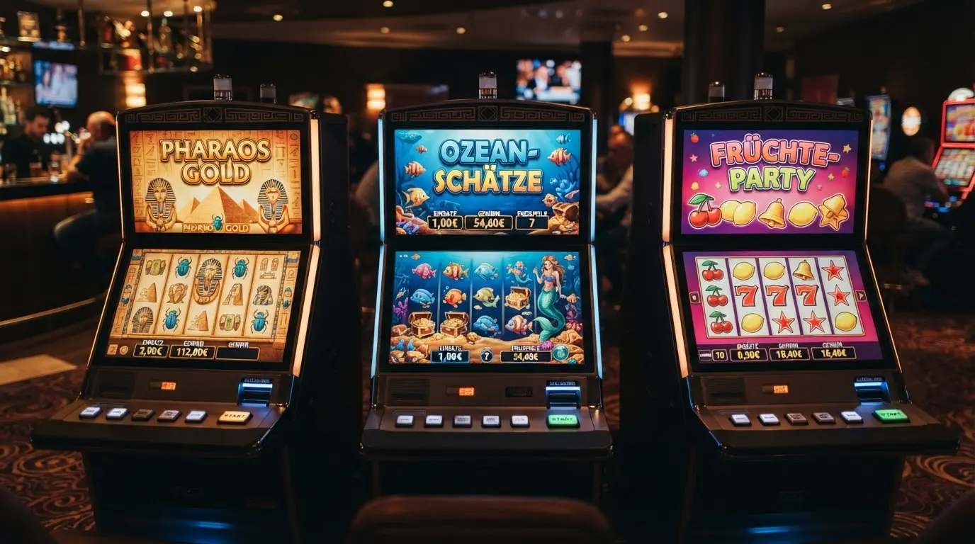 Drei beliebte Spielautomaten auf einem Bildschirm mit Einsatzanzeige
