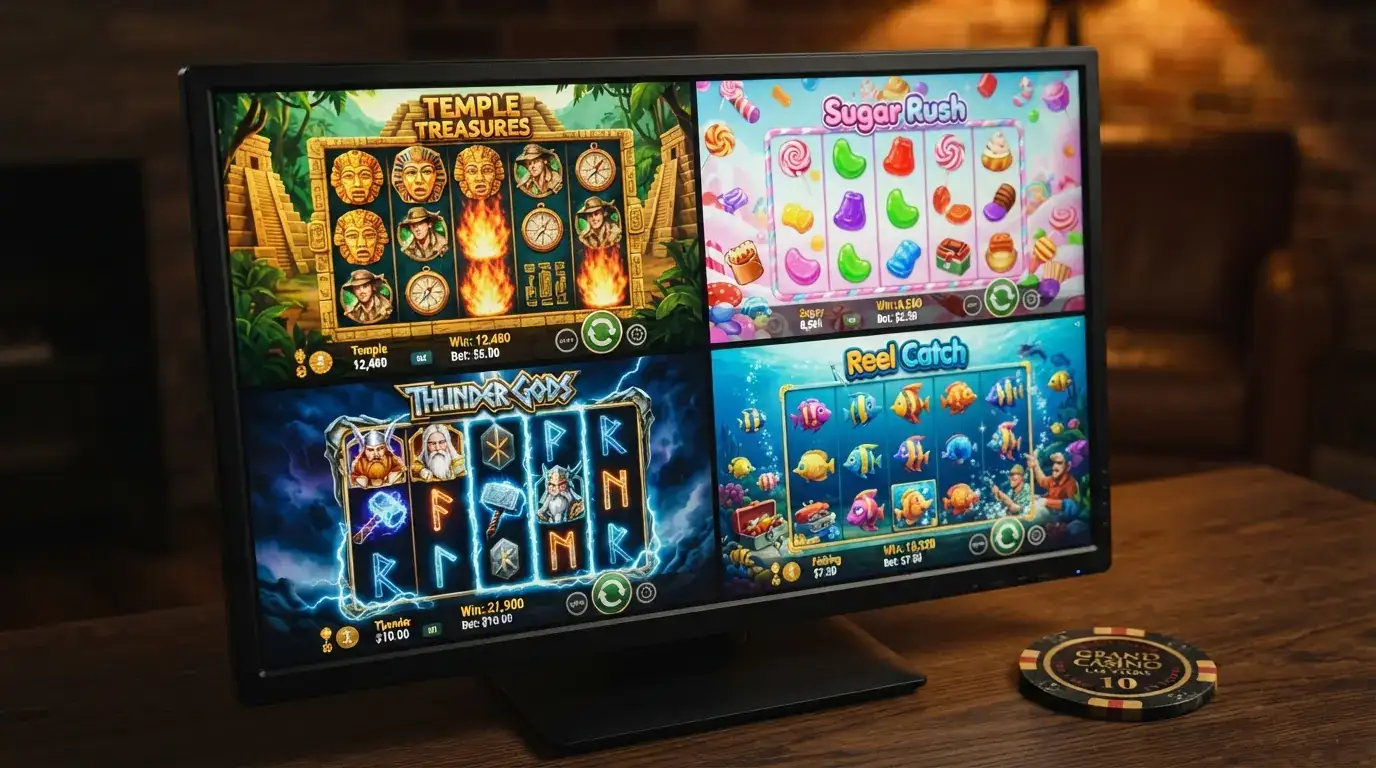 Vier Spielautomaten-Symbole mit RTP-Prozenten auf einem Bildschirm