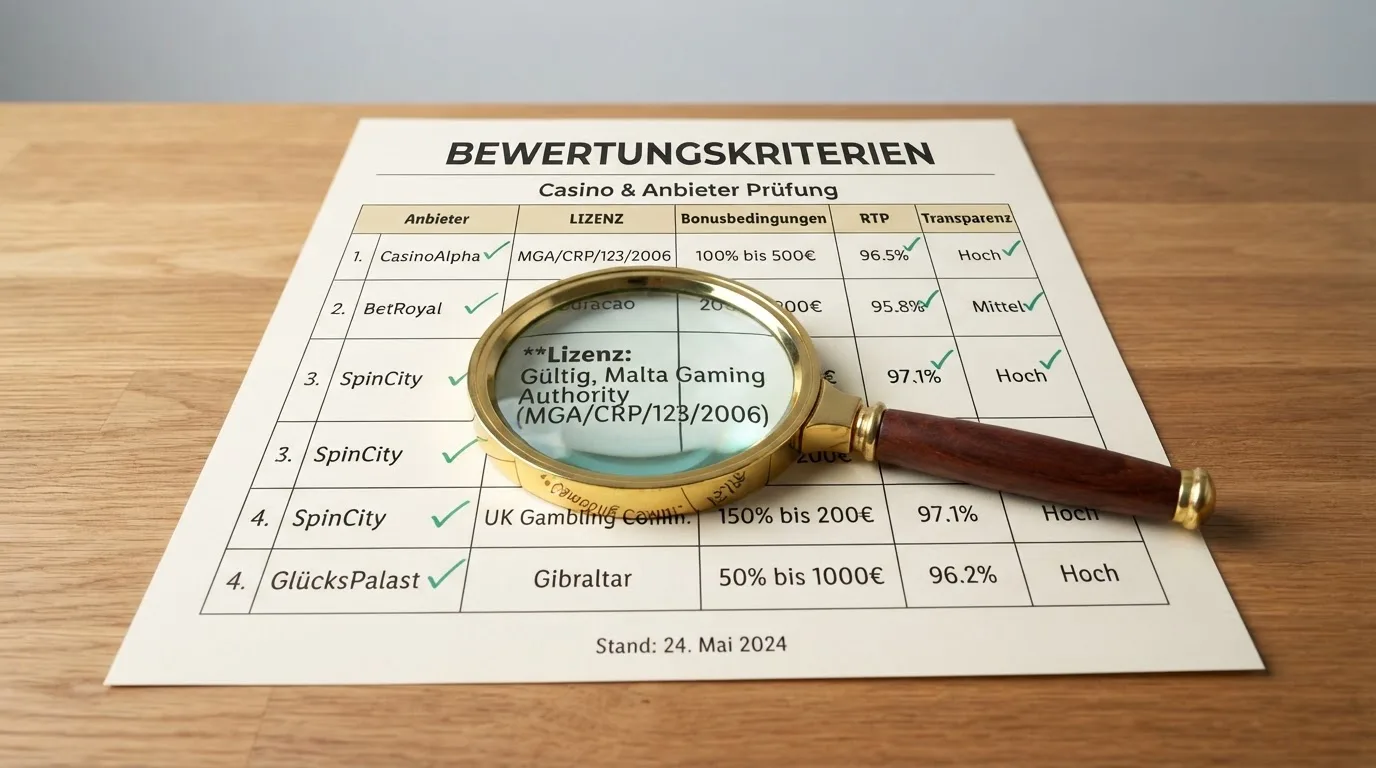 Lupe über einer Checkliste mit Kriterien – Lizenz, Bonus, RTP