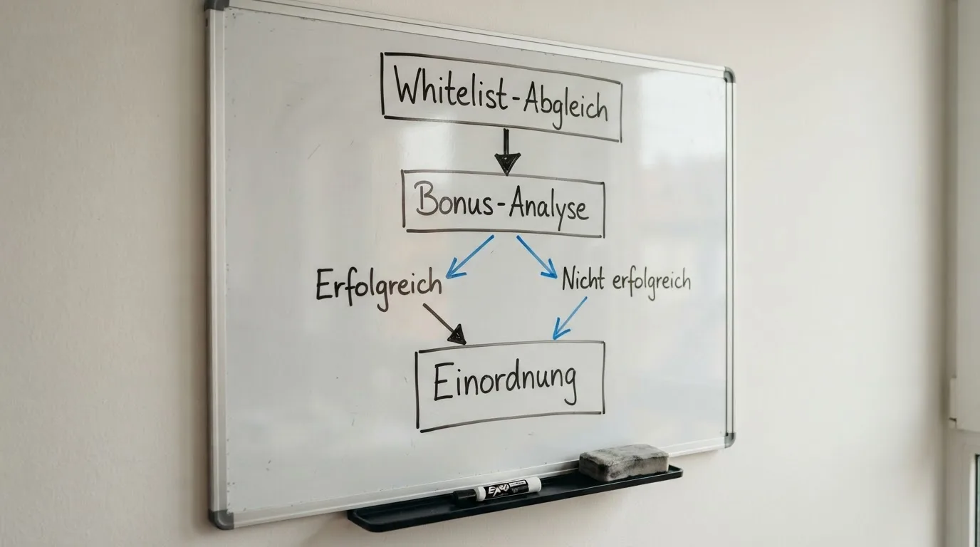 Schematischer Bewertungsprozess vom Whitelist-Abgleich zur qualitativen Einordnung
