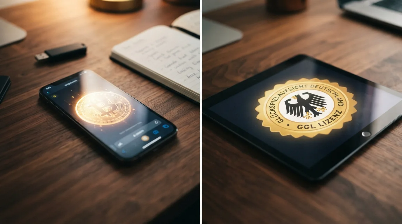 Bitcoin-Münze neben einem Casino-Willkommensbildschirm, geteiltes Bild: Bonus-Höhe vs. fehlendes Spielerschutz-Siegel