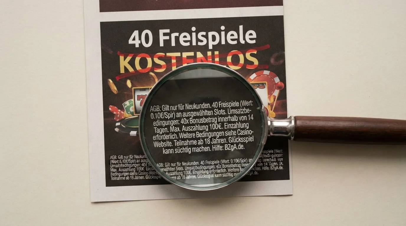 Durchgestrichene Werbebotschaft „40 Freispiele KOSTENLOS“ neben einer Lupe, die Kleingedrucktes vergrößert