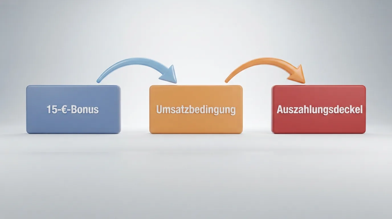 Flussdiagramm: 15 Euro Bonus wird durch Umsatz und Auszahlungsdeckel geschmälert