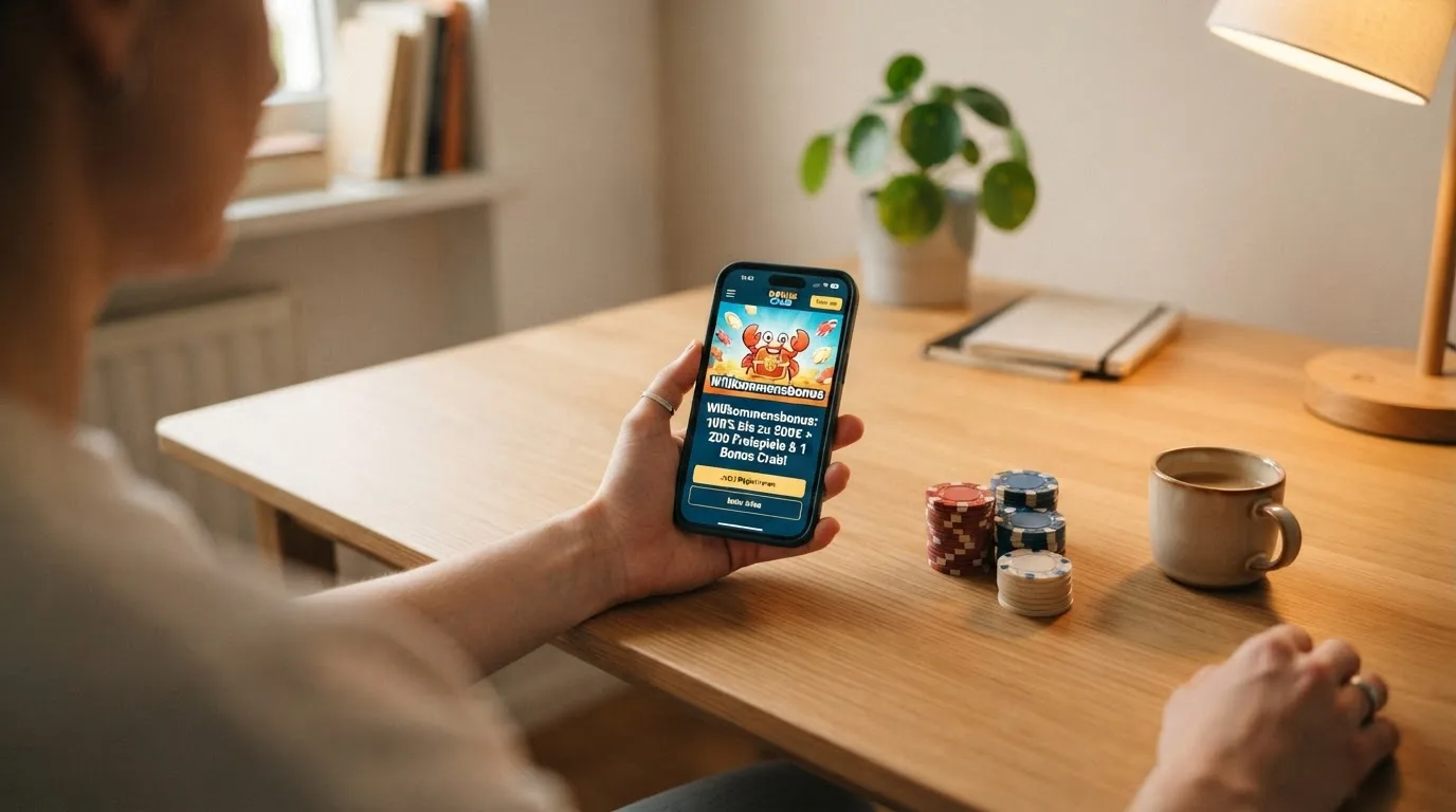 Darstellung eines Bonus Crab Willkommensbonus-Pakets mit Match-Bonus und Freispielen