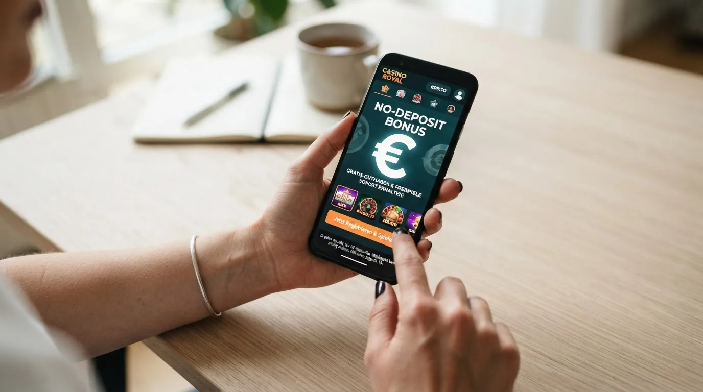 Ein No-Deposit-Gutscheincode auf einem Smartphone-Bildschirm mit dem Hinweis auf Kleingedrucktes und Umsatzbedingungen