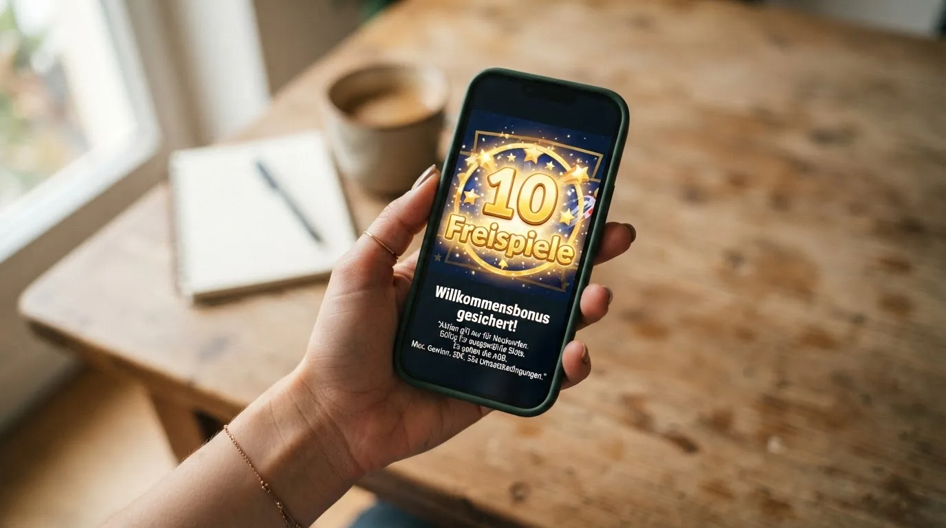 Smartphone-Bildschirm mit Bonus-Popup: 10 Freispiele und kleingedruckte Bedingungen