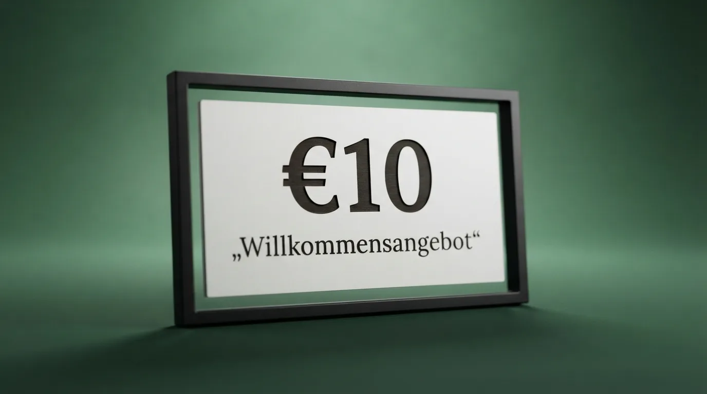 Ein gerahmtes Willkommensangebot mit hervorgehobener 10€-Summe