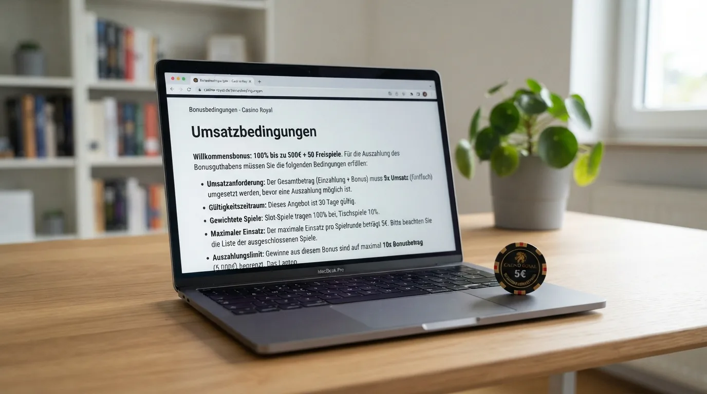 Nahaufnahme eines Bonus-Bedingungen-Fensters mit hervorgehobenen Umsatzzeilen und Auszahlungslimit