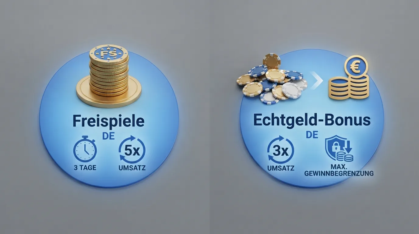 Grafische Gegenüberstellung: Freispiele vs. Echtgeld-Bonus mit typischen Bedingungen wie Umsatzfaktor, Frist und Auszahlungs-Cap