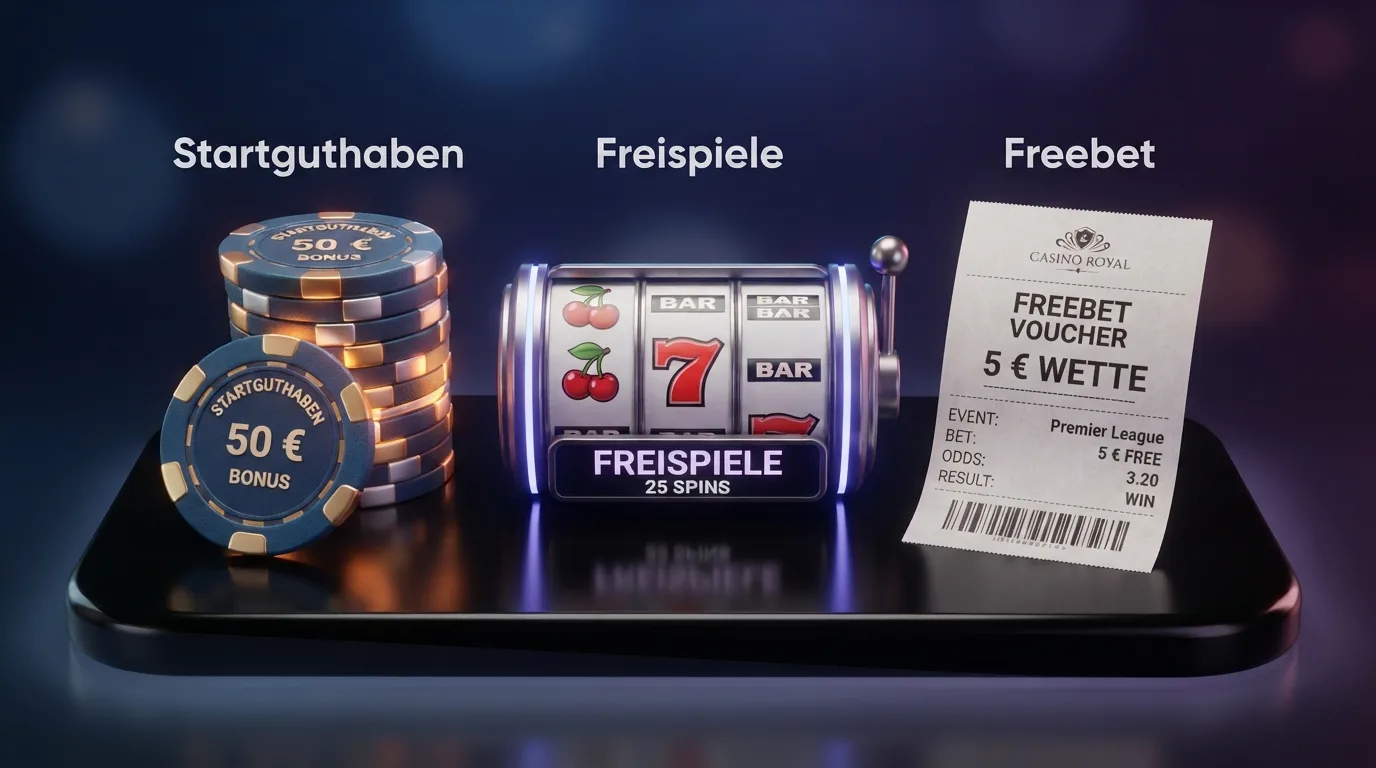 Drei Bonus-Typen im visuellen Vergleich: Freispiele, Startguthaben, Freebet mit ihren Bedingungen