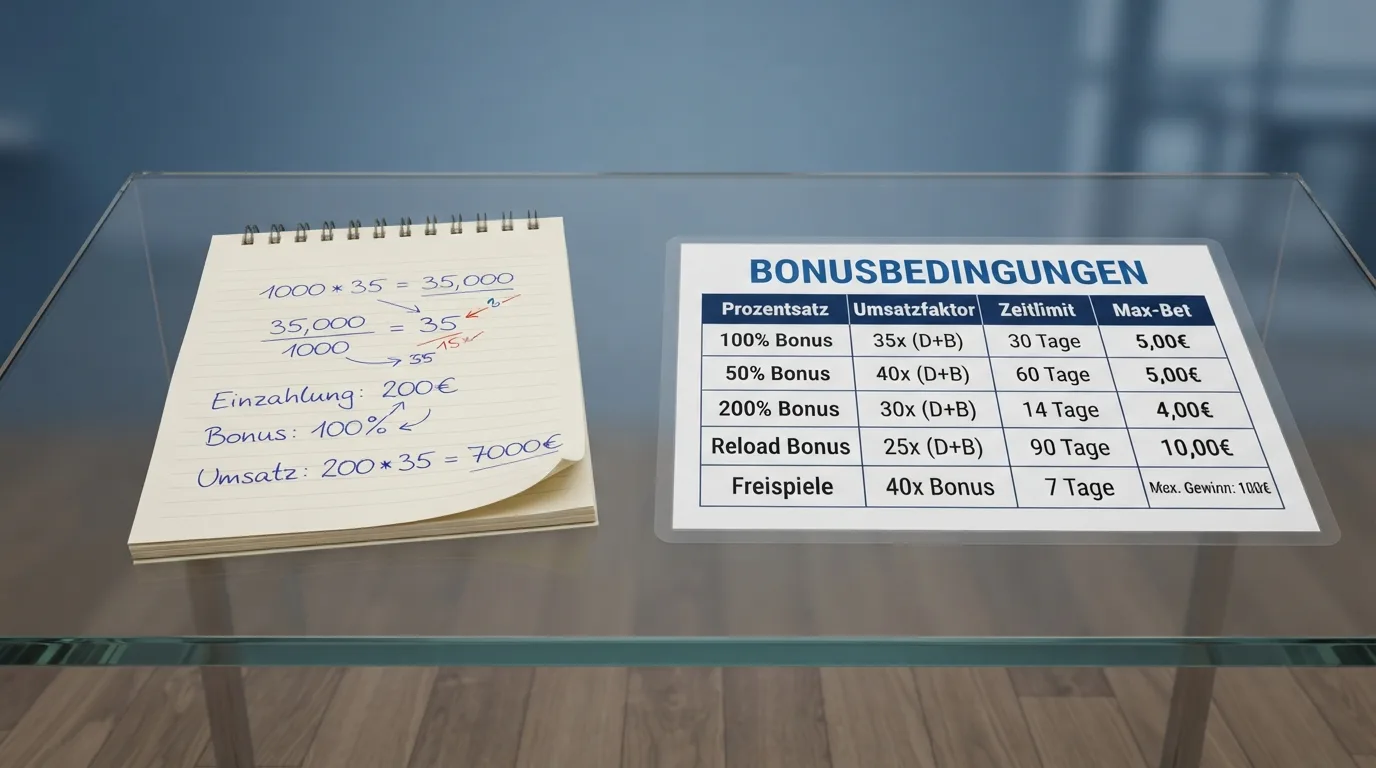 Eine Nahaufnahme zeigt eine Tabelle mit Umsatzbedingungen: Prozentsatz, Umsatzfaktor, Zeitlimit, Max-Bet — die Zahlen sind klar ablesbar, daneben liegt ein Taschenrechner