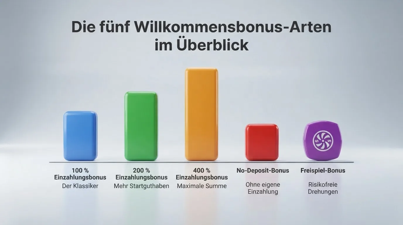 Die fünf Willkommensbonus-Arten im Überblick — von No-Deposit bis 400-%-Match mit ihren Merkmalen