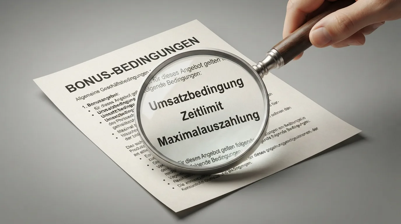 Lupe über einem Bonusbedingungen-Dokument, hervorgehoben: Umsatzbedingung, Zeitlimit und Maximalauszahlung
