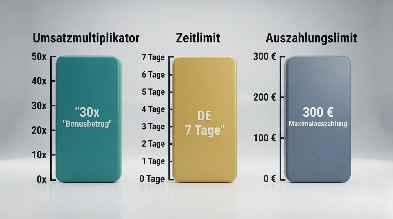 Visuelle Darstellung der drei Bonus-Kennzahlen: Umsatzmultiplikator, Zeitlimit-Uhr, Auszahlungslimit