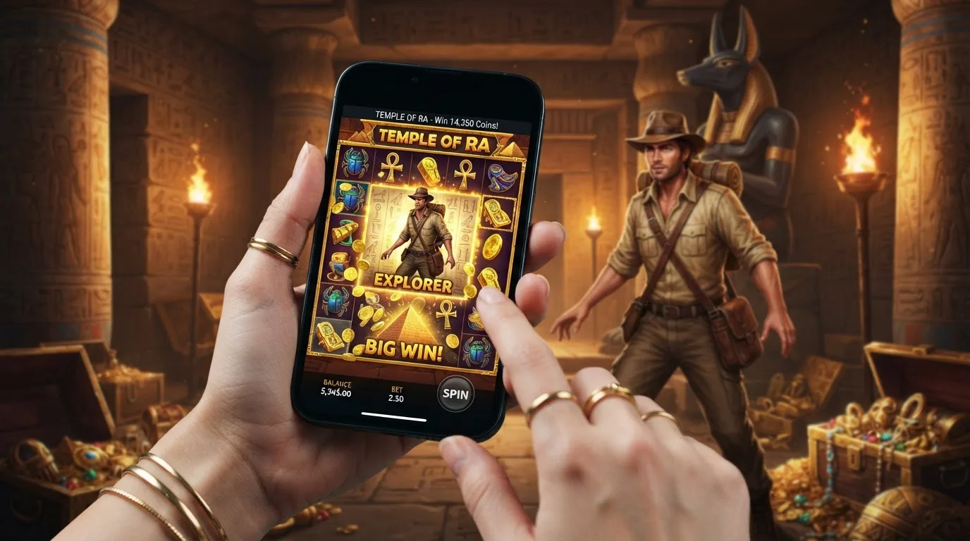 Spielbildschirm eines Slots mit Abenteurerfigur und expandierenden Symbolen vor ägyptischer Tempelkulisse