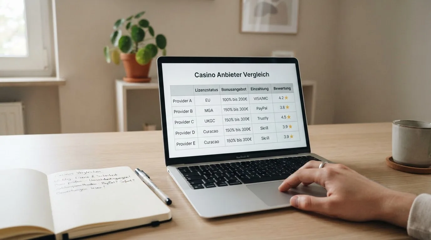 Tabellarische Vergleichsdarstellung mehrerer Casino-Anbieter nebeneinander