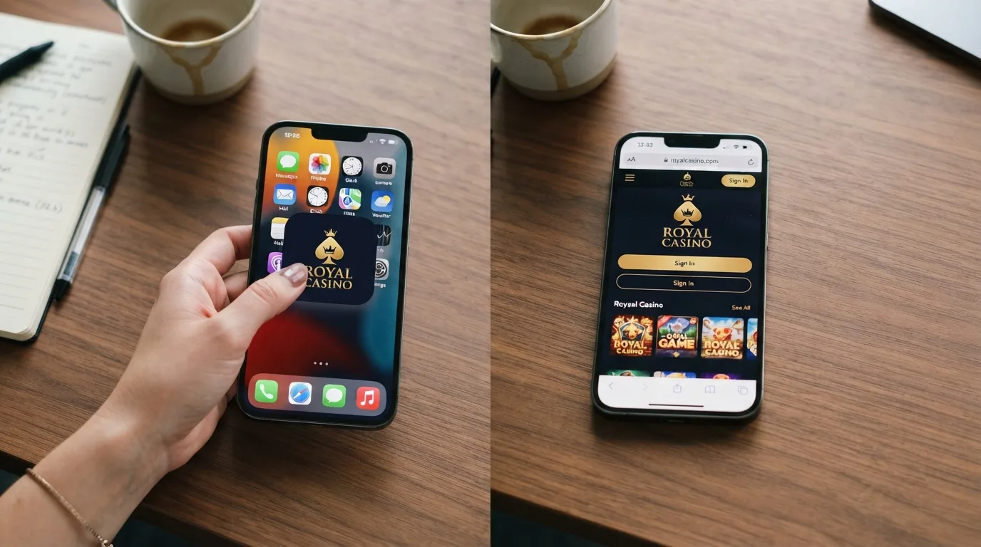 Split-Screen: links Casino-App-Icon auf dem Homescreen, rechts das gleiche Casino im mobilen Browser