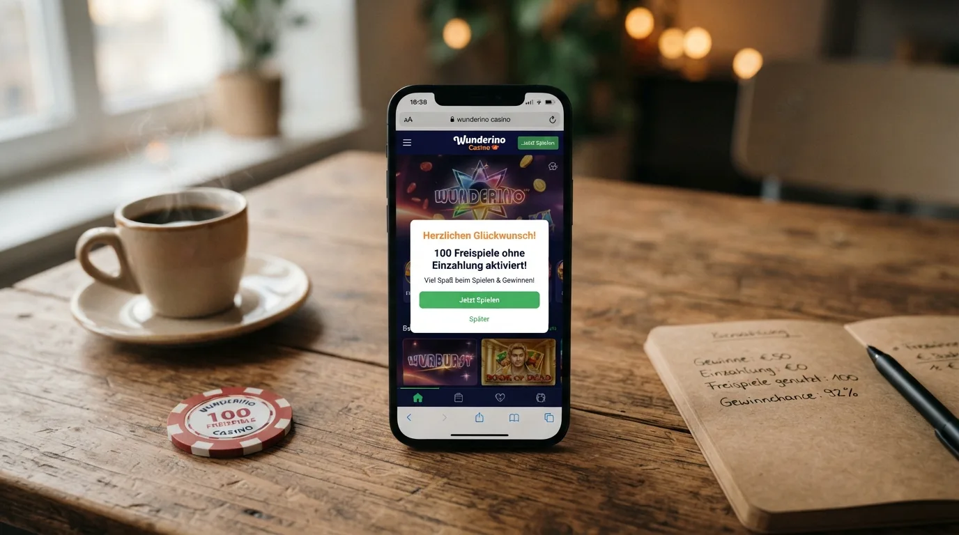 Smartphone zeigt eine Casino-Web-App mit Freispiel-Gutschrift