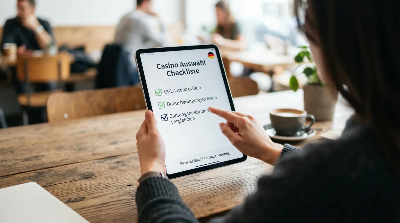 Tablet mit abgehakter Checkliste zu Casino-Auswahl und Lizenz