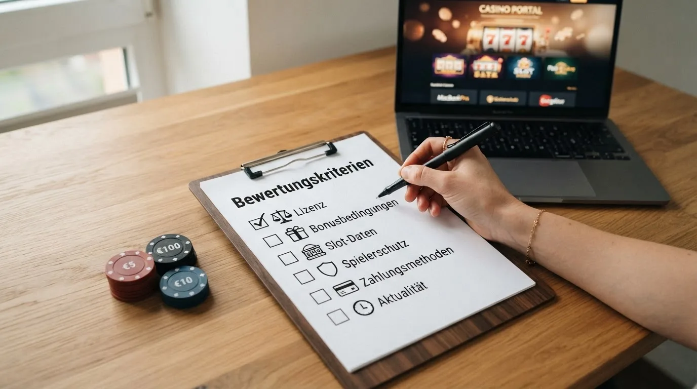 Schematische Darstellung des Casino-Bewertungsprozesses mit Prüfsymbolen und Kriterien