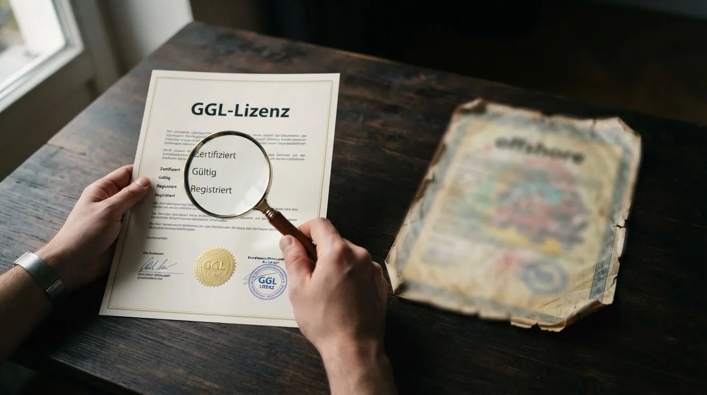 Visuelle Gegenüberstellung von GGL-Erlaubnis-Siegel und Offshore-Lizenz mit hervorgehobenen Sicherheitsunterschieden