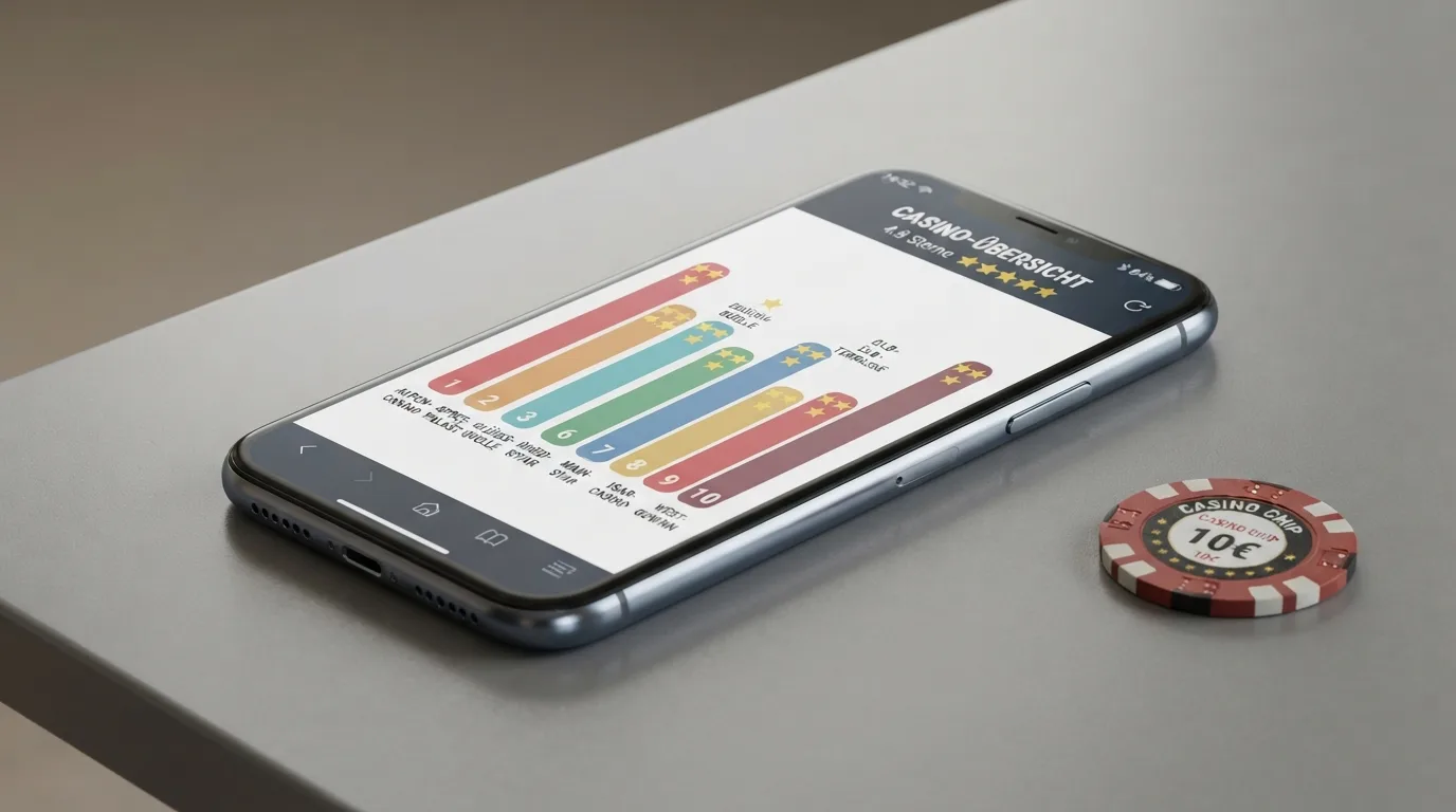Stilisierte Rangliste auf einem Smartphone-Display mit Casino-Logos und Bewertungssternen