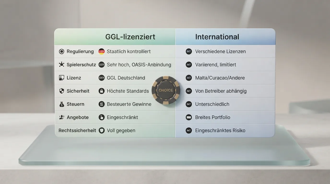 Stilisierte Vergleichstabelle mit zwei farblich getrennten Spalten (GGL-lizenziert vs. international) und einem Gutscheincode-Symbol in der Mitte