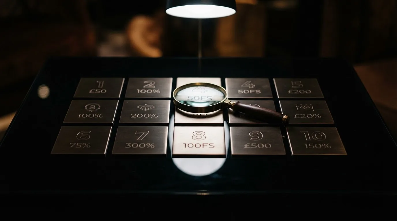 Ein stilisiertes Vergleichsraster mit Casino-Logos in Tabellenzeilen, darüber schwebt eine Lupe