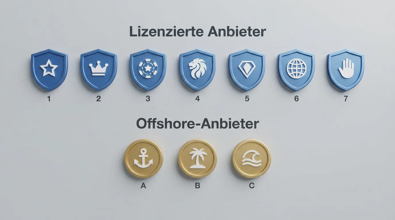Vergleichende Darstellung: GGL- und Curaçao-Lizenz-Symbole mit den zehn Operator-Logos in einer Reihe