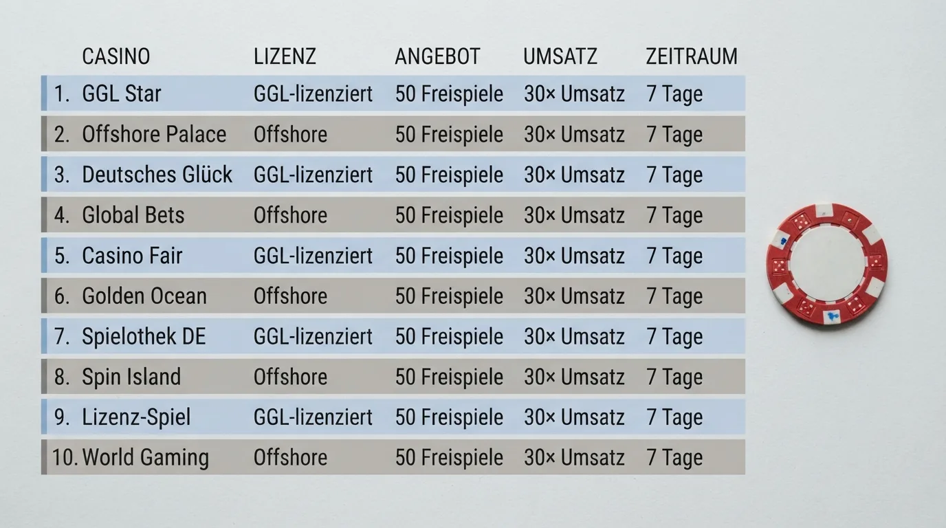 Zehn Casino-Logos in einer Vergleichstabelle mit farbiger GGL/Offshore-Markierung