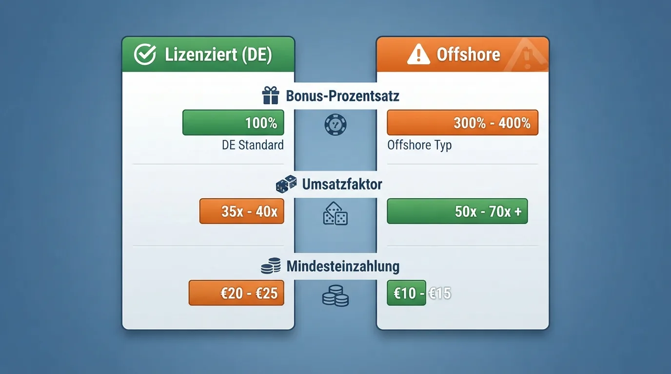 Eine übersichtliche Vergleichstabelle mit Casino-Logos in der linken Spalte und farbcodierten Bonus-Prozentsätzen — GGL-Anbieter grün, Offshore-Anbieter orange markiert