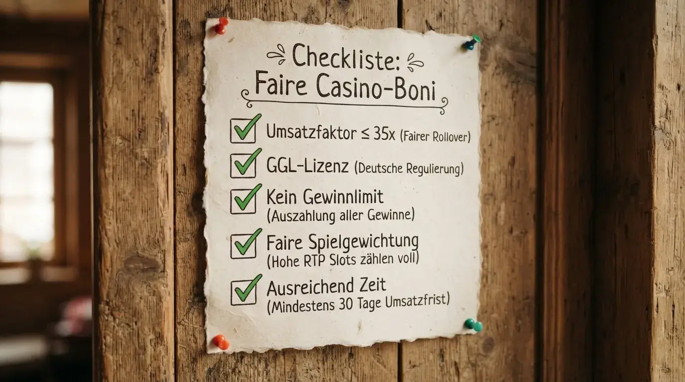 Kreativ gestaltete Checkliste mit fünf abgehakten Kriterien für faire Casino-Boni