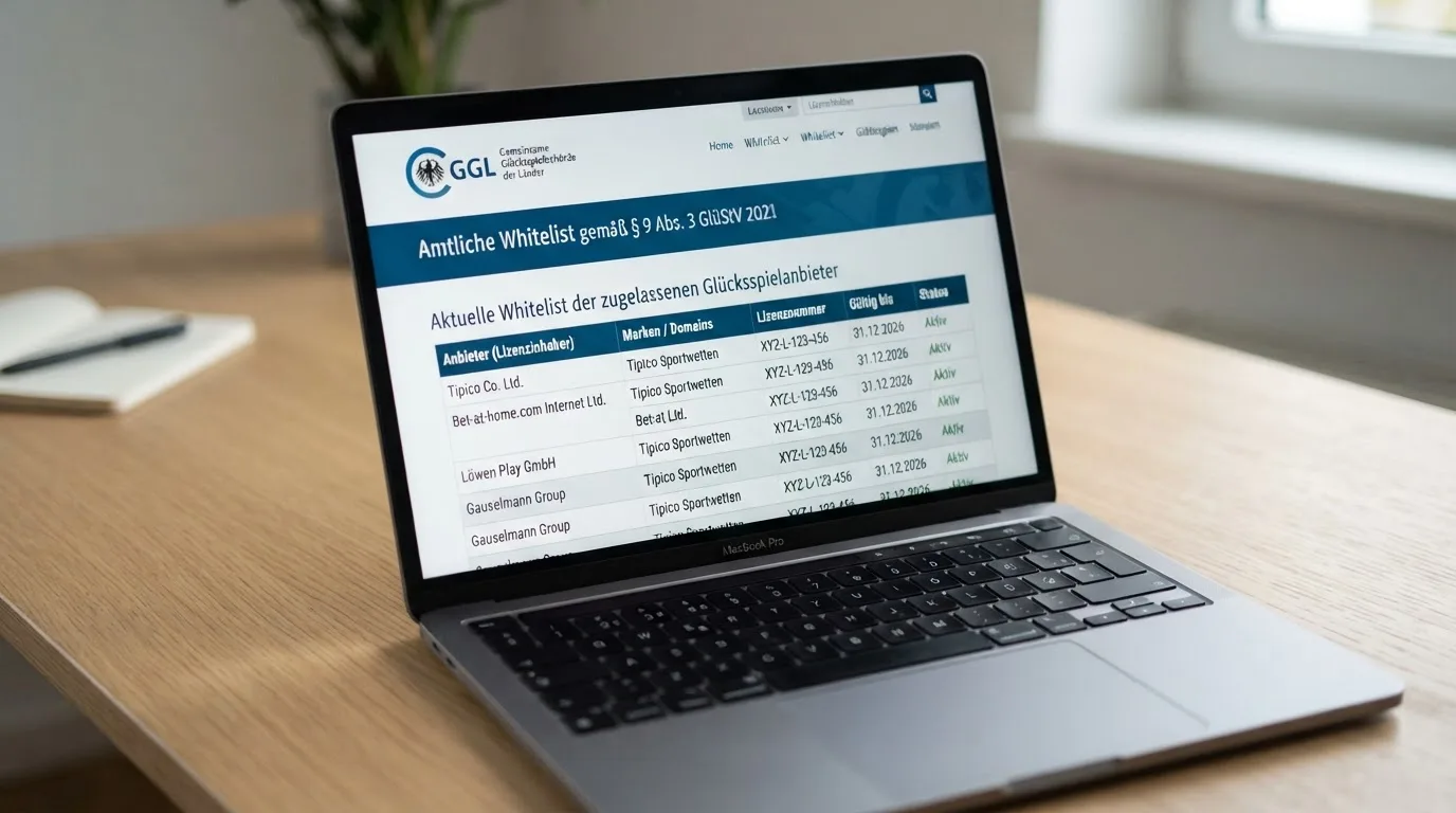Screenshot eines Ausschnitts der GGL-Whitelist-Seite mit Tabellenstruktur und GGL-Logo