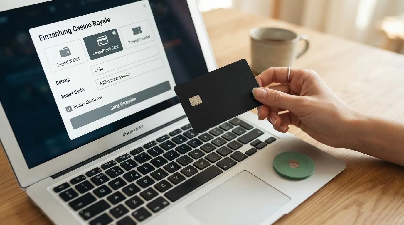 Eine Hand hält eine Kreditkarte vor einem Casino-Einzahlungsbildschirm mit angekreuztem „Bonus aktivieren“-Feld — die Zahlungsmethoden-Leiste zeigt PayPal, Visa und Paysafecard