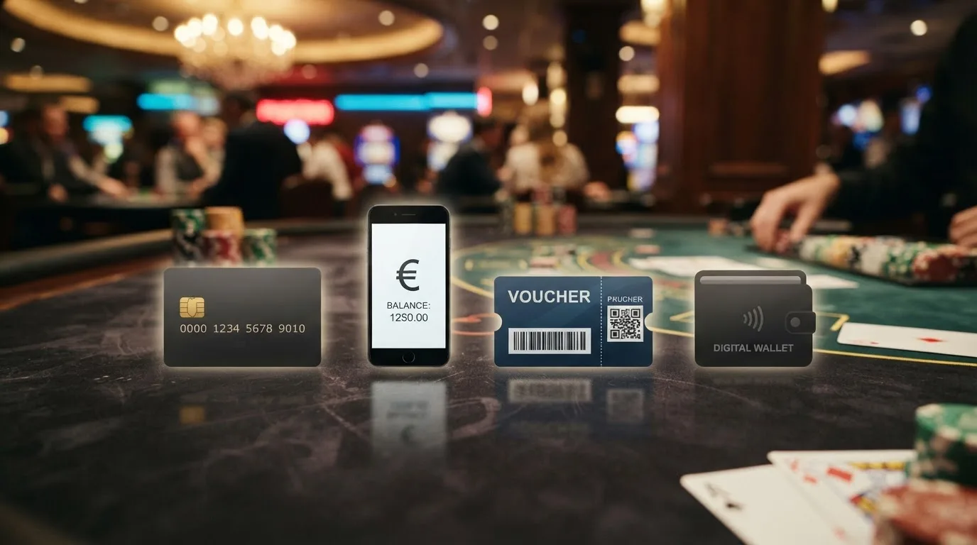 Reihe von Zahlungsdienstleister-Logos auf Casino-Hintergrund