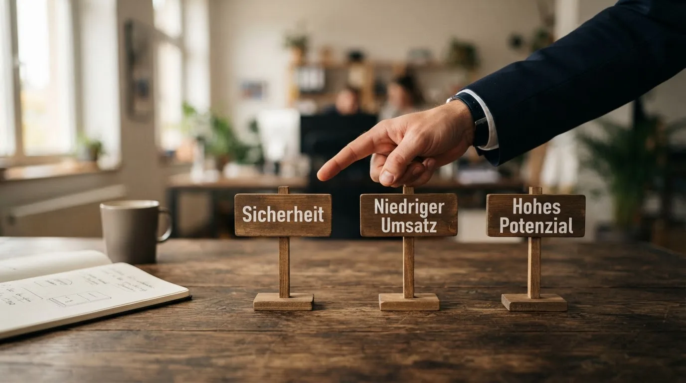 Drei Wegweiser mit den Beschriftungen „Sicherheit“, „Niedriger Umsatz“, „Hohes Potenzial“ — ein Spieler wählt einen aus