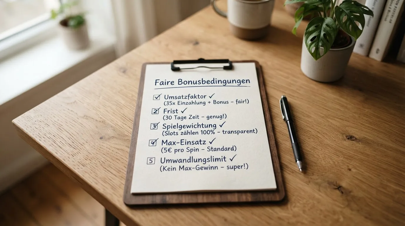 Klemmbrett mit fünf abgehakten Prüfpunkten: Umsatzfaktor, Frist, Spielgewichtung, Max-Einsatz, Umwandlungslimit