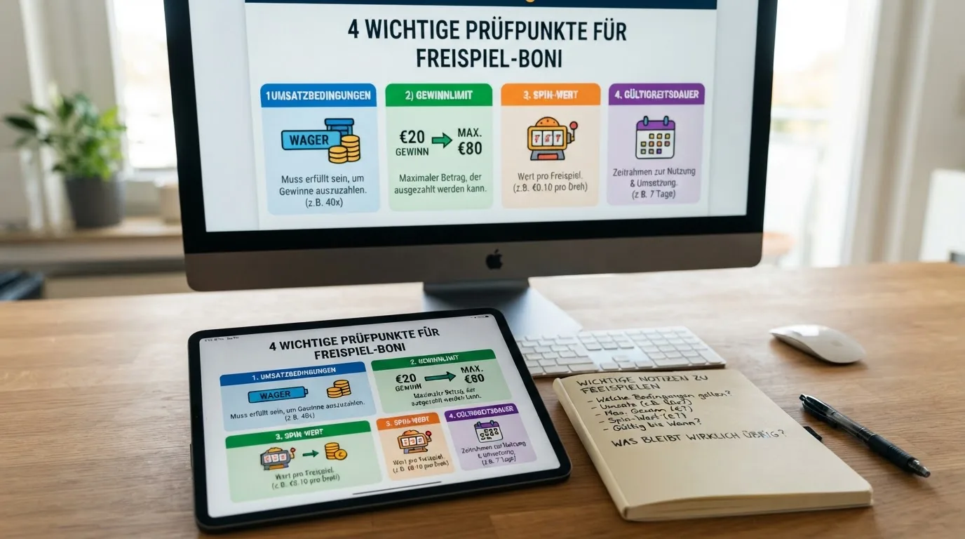 Übersichtsgrafik mit den vier Prüfpunkten Umsatzbedingungen, Gewinnlimit, Spin-Wert und Gültigkeitsdauer vor Annahme