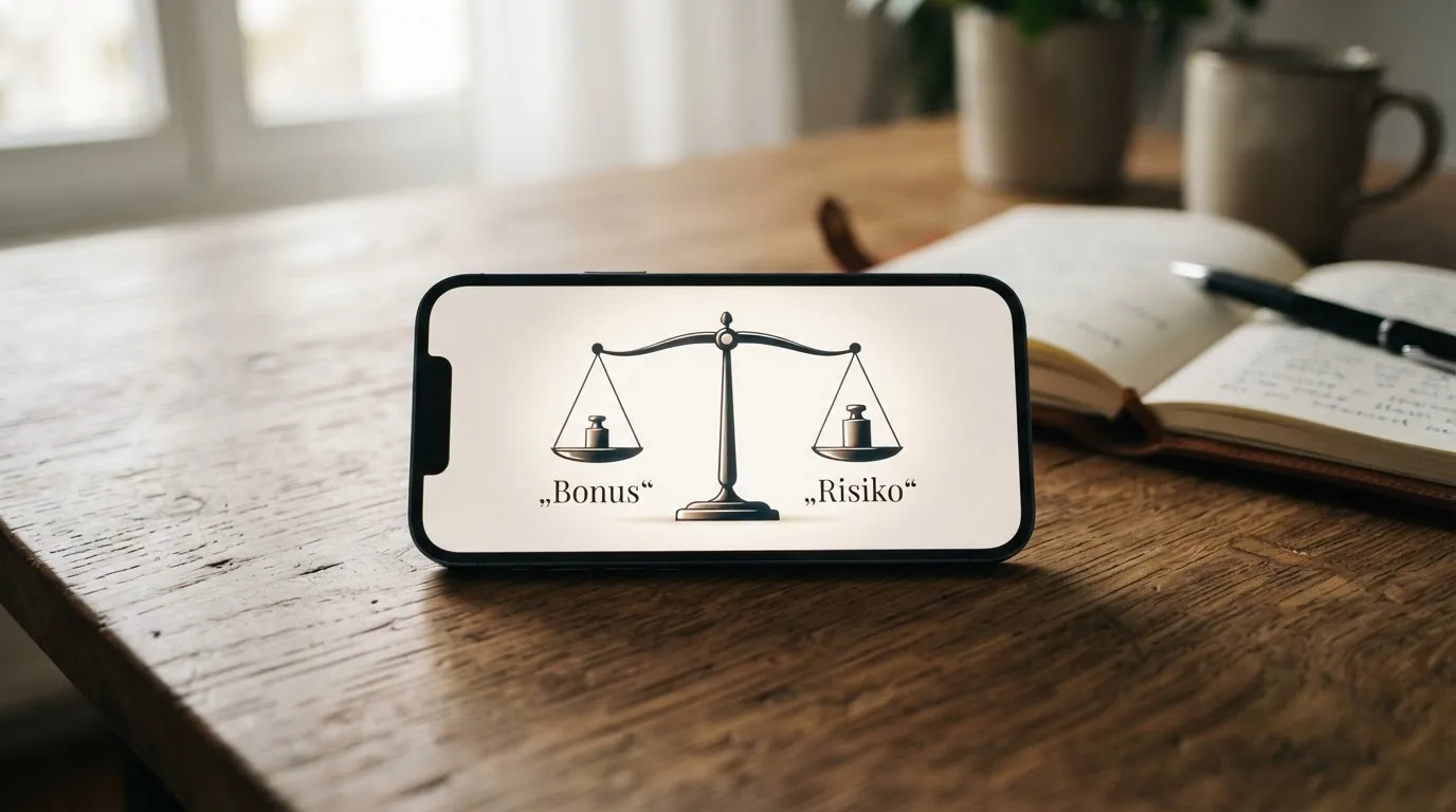 Smartphone mit ausgeglichener Bilanzgrafik: Plus- und Minus-Symbole im Gleichgewicht