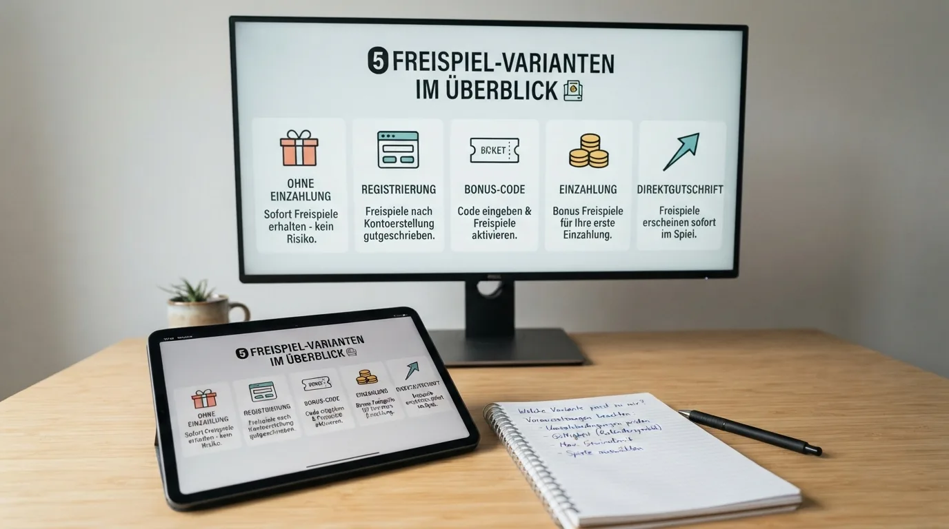 Übersichtsgrafik mit den fünf Freispiel-Varianten No-Deposit, Registrierung, Code, Einzahlung und Sofort im Vergleich