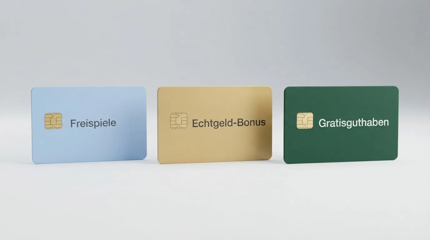 Drei Bonus-Karten nebeneinander: Freispiele, Echtgeld-Bonus, Gratisguthaben — mit ihren Konditionen