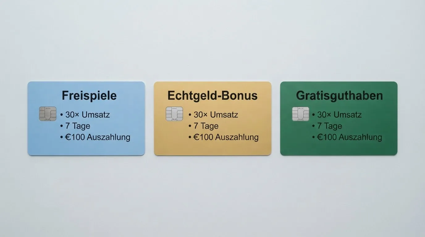 Drei Bonus-Karten nebeneinander: Freispiele, Echtgeld-Bonus, Gratisguthaben — mit ihren Konditionen