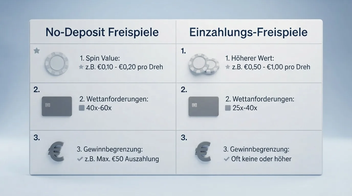 Übersichtsgrafik No-Deposit vs. Einzahlungs-Freispiele mit Bedingungen