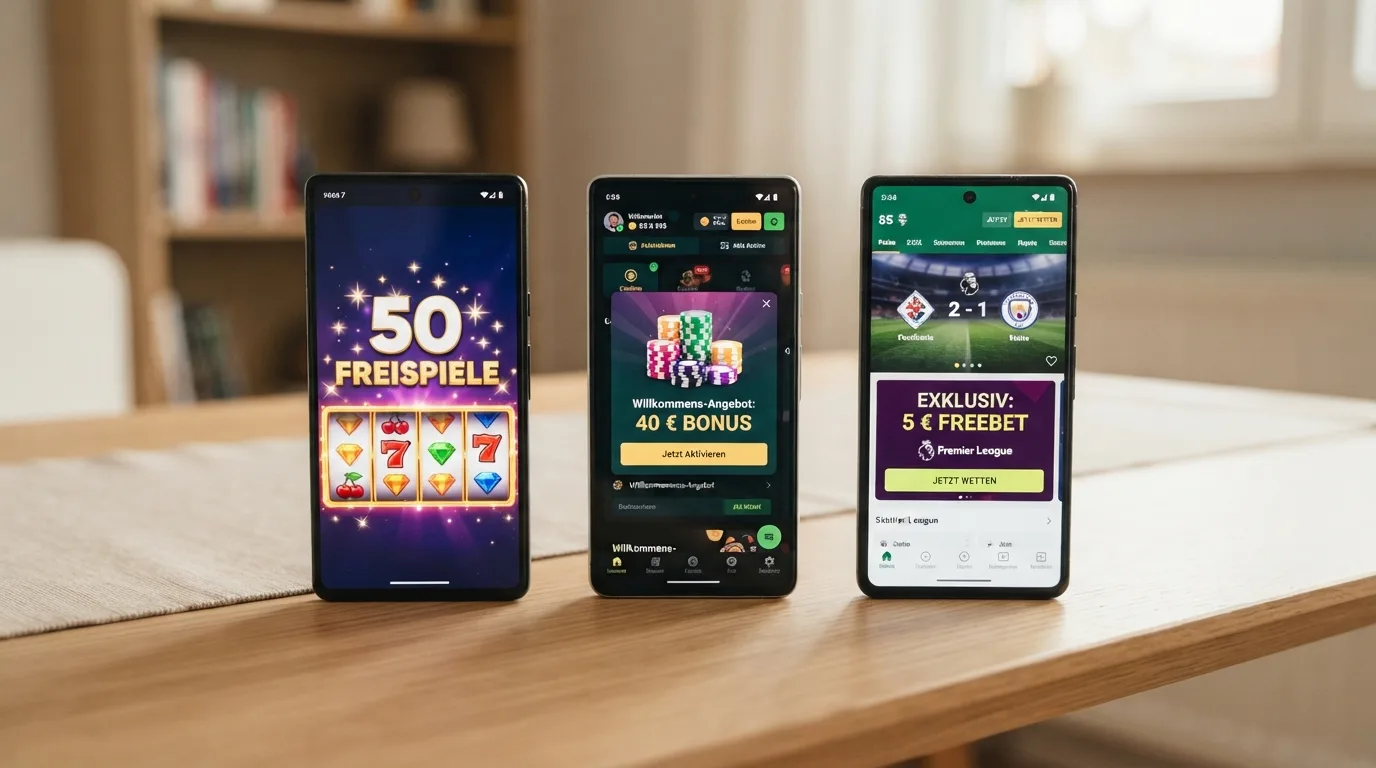 Drei Bonus-Kacheln nebeneinander: Freispiele, Geldbonus, Freebet mit jeweiligem Euro-Wert