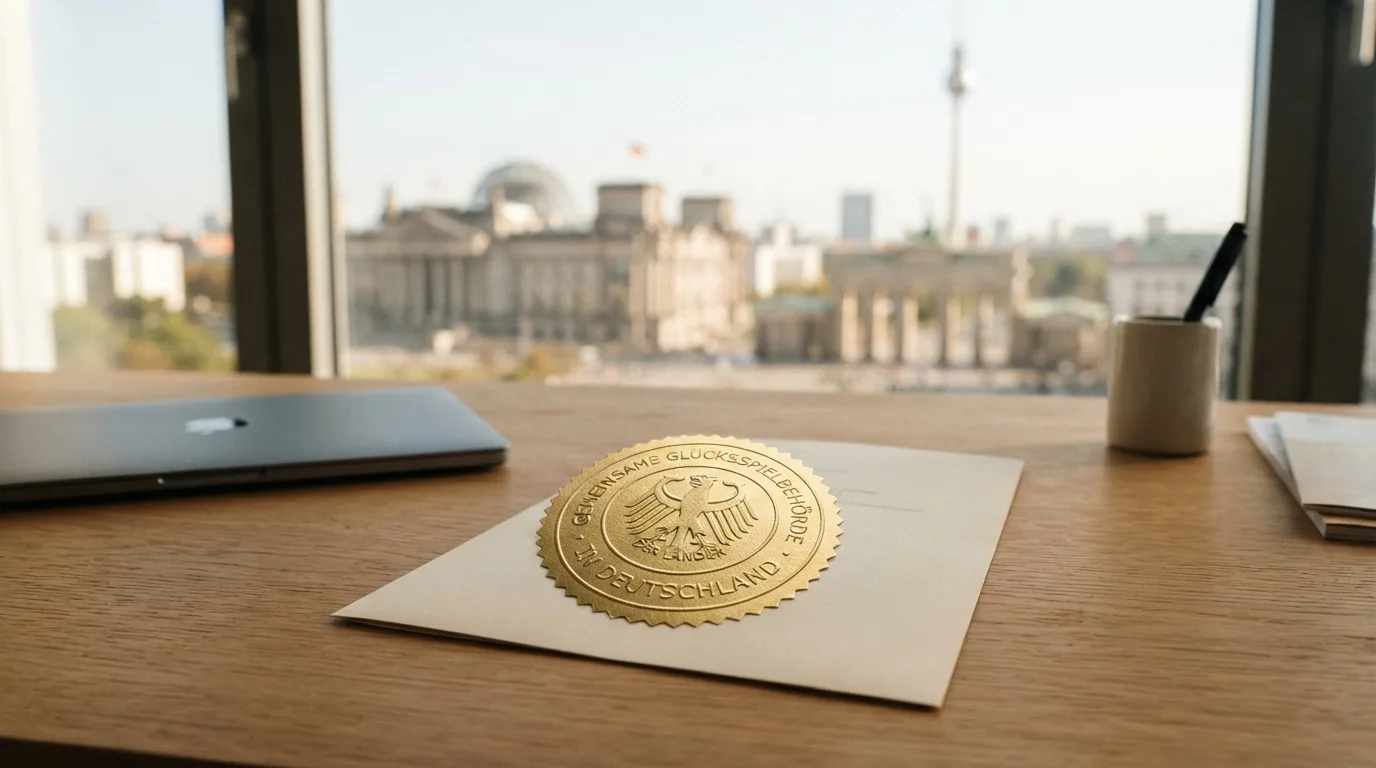 GGL-Logo oder Glücksspielbehörde-Gebäude mit Deutschlandkarte und Lizenzsiegel